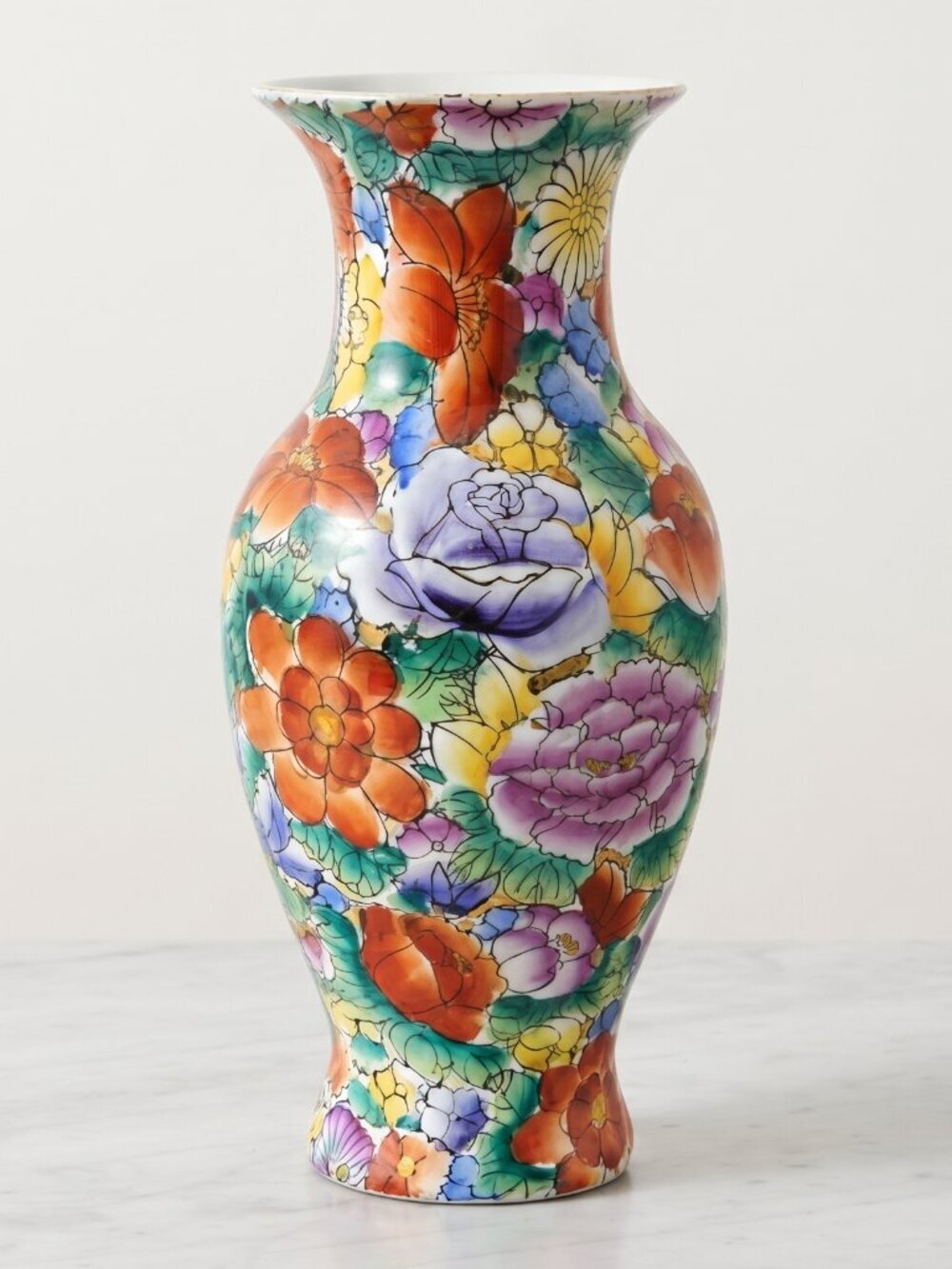 VTG Chinese Mille Fleur Rose Floral Porcelain Vase Hand Painted Gold Accents